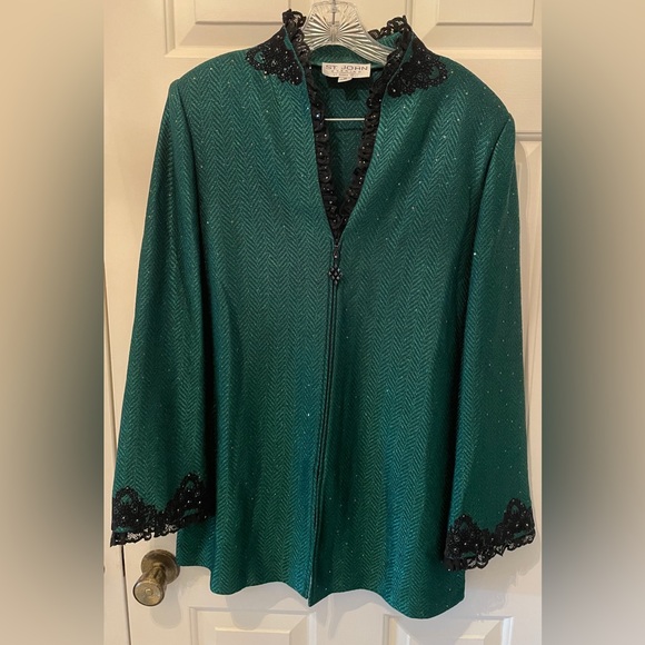 St. John Evening Green Garment with Black Lace Detail - Picture 1 of 11